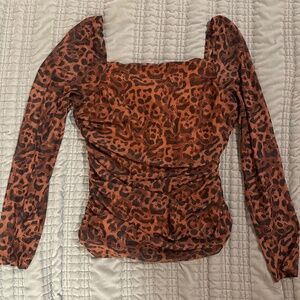 VENUS: NWOT SZ L cheetah print mesh overlay ruched off the shoulder top